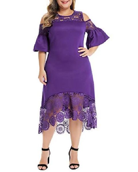

womens plus size lace cold shoulder flare cocktail party midi dress purple xl, Black