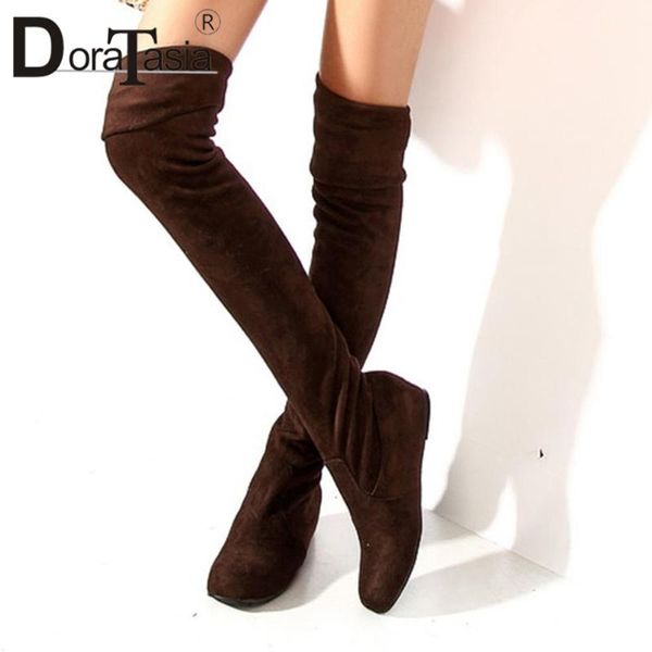 

doratasia female solid round toe wedges knee high boots high heels fashion boots women flock fashion brand shoes woman, Black