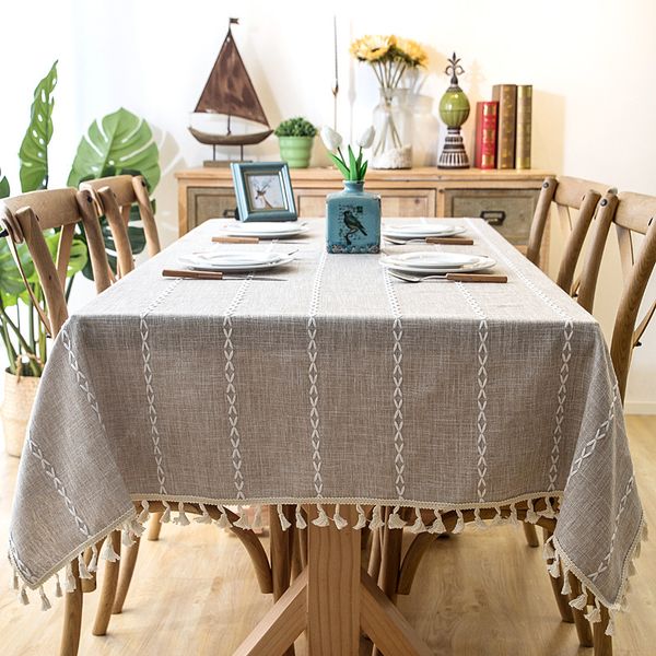 

thick yarn-dyed linen fabric blue gray strip tassel tablecloth l christmas decoration cloth for coffee bar table