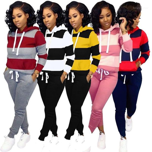 

long pants fashion women two piece outfits designer striped patchwork women tracksuits casual hooded long sleeve, Gray