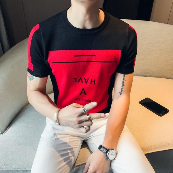 

camiseta masculina man round neck short sleeve knitting t shirt slim fit streetwear social club outfits hit color letter t shirt t200528, White;black