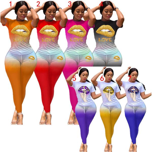 

women clothes lips print tracksuit t-shirt pants outfit trouser sweatsuit 2pcs gradient tees suit summer autumn fashion clothing new d81009, White