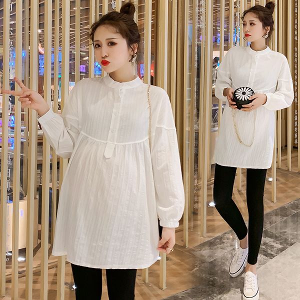 

7310# maternity clothes white blouse spring and autumn autumn cotton long sleeves loose stylish dress for pregnant women