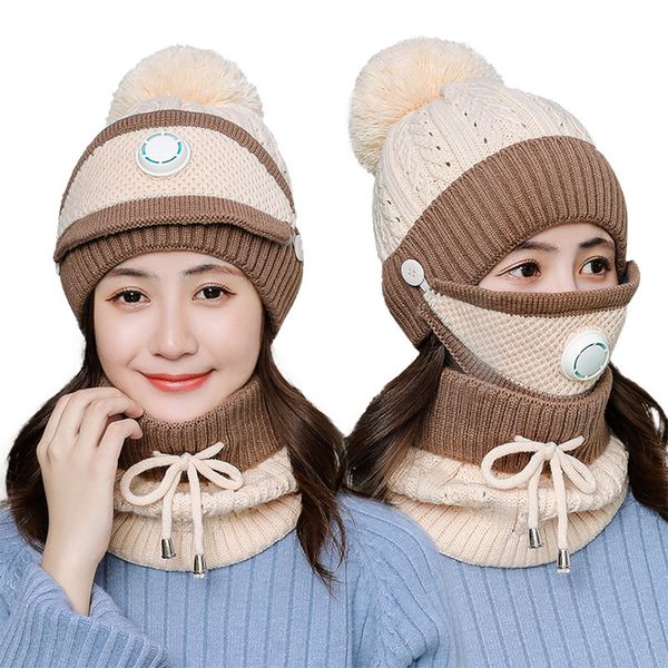 

beanie/skull caps winter cycling hat women 3 piece warm wool beanies skullies hats with mask collar bib female velvet thick anti-smog knit, Blue;gray