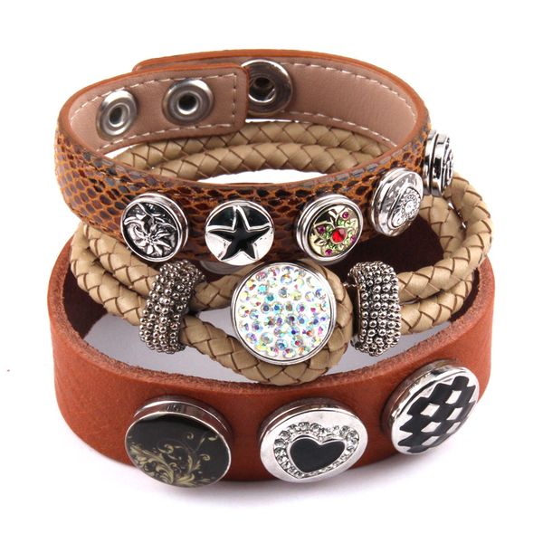 

new arrival metal button with rhinestone epoxy enamel leather bracelets for women brown leather wrap bracelet, Golden;silver