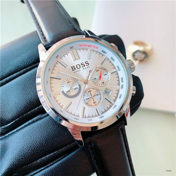 

military selling full-featured six-hand quartz satch leather strap men classic watch fashion simple business watch full dial work, Slivery;brown