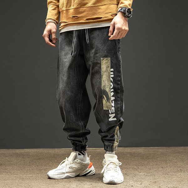 

men's fashion brand ins stitching camouflage pants loose tight pants jeans overalls jeans black washed leggings cargo overalls zvnbf, Blue