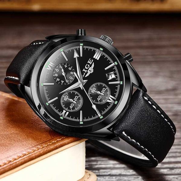 

2020 lige brand new casual fashion men quartz watch luxury leather strap chronograph men watch relogio masculino, Slivery;brown
