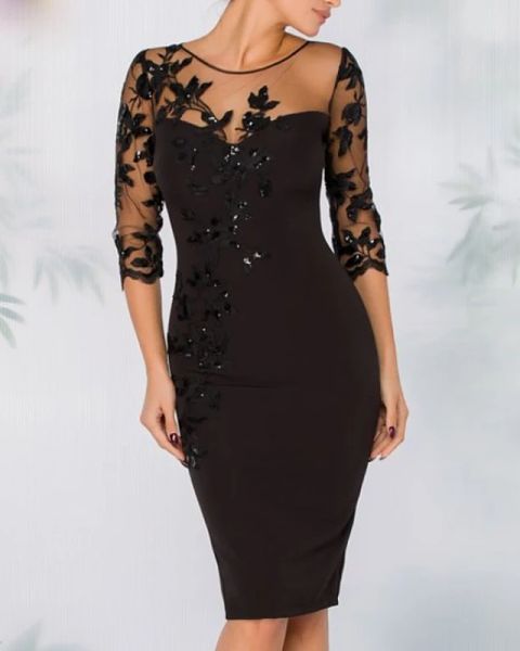 

sheath / column elegant black guest cocktail party dress illusion neck 3/4 length sleeve knee length polyester with sequin appliques