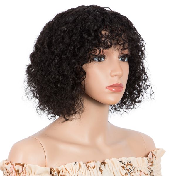 

selling 2020 human hair wigs for women curly short human hair wig with bangs bob wigs wool roll curl short brazilian hair wigs, Black