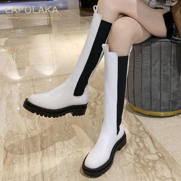 

boots lapolaka 2021 arrivals elastic mid calf women shoes thick heels platform comfortable ins dropship femlae, Black