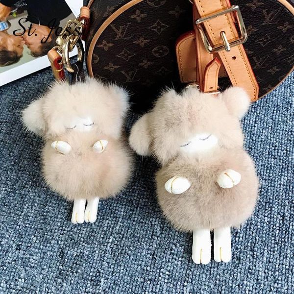 

fluffy fur chains sleeping sheep doll keyring pompon real car ornaments women key charm bag holder pendant chains, Silver