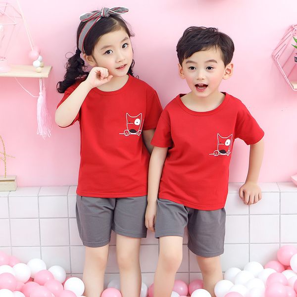

baby pajamas summer cotton short-sleeved boys girls clothing sets children cartoon sleepwear kids pyjamas enfant child pyjama, Blue;red