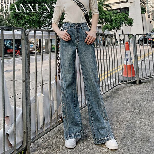 

2020 fashion long pants for women high waist trousers plus size denim wide leg jeans 25-31 buttons high quality, Blue