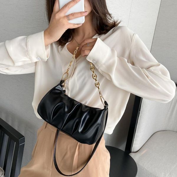 

portable women chain handbag tote solid color pu leather pleated shoulder bags youth ladies simple versatile bag