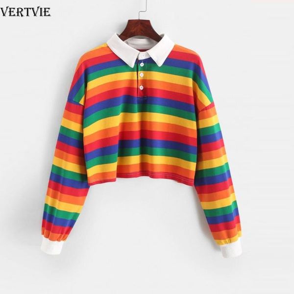 

vertvie 2020 shirt women sweatshirt long sleeve rainbow color ladies hoodies button striped korean style yoga shirt women, White;red