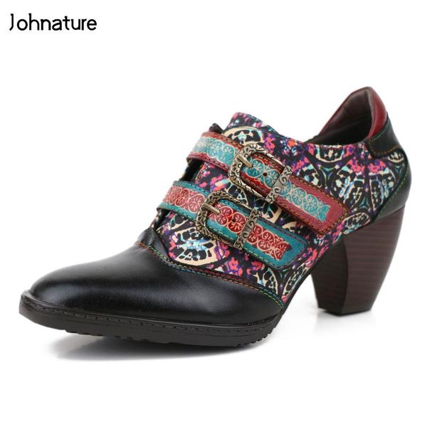 

johnature pumps women shoes 2020 new genuine leather retro round toe hook & loop casual high heels sewing handmade ladies shoes, Black