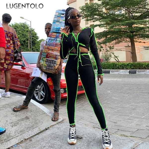

lugentolo new autumn two piece set and pants contrasting color long-sleeved cardigan high waist slim hip pants casual sets, Gray