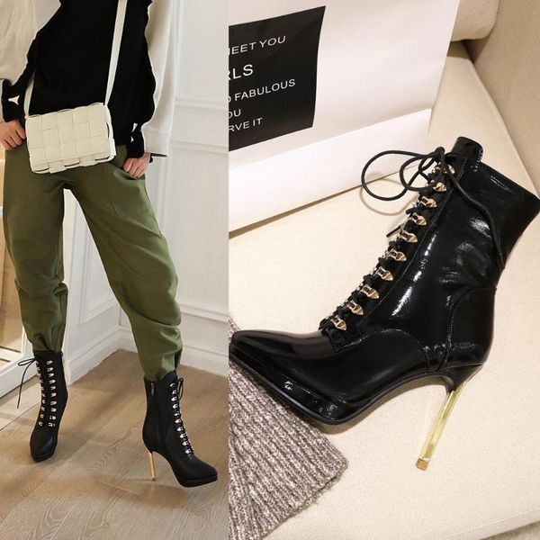 

шнуровка женских сапог платформы коренастого heeled bootie женщина обувь осень зима ботильоны мода черные женской обувь botas mujer, Black