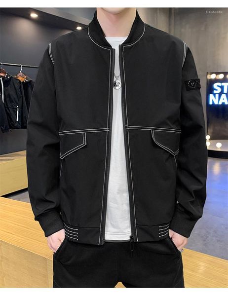 

pockets long sleeve mens clothes with zipper mens patchwork solid color jackets spring and autumn stand collar outerwear with, Black;brown