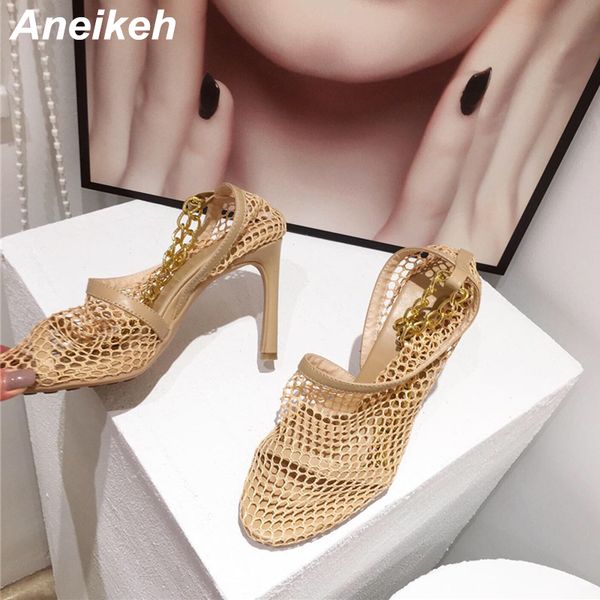 

aneikeh mesh high heels pumps summer point toe women shoes solid fashion metal chain slip-on thin heel female sandals pumps, Black