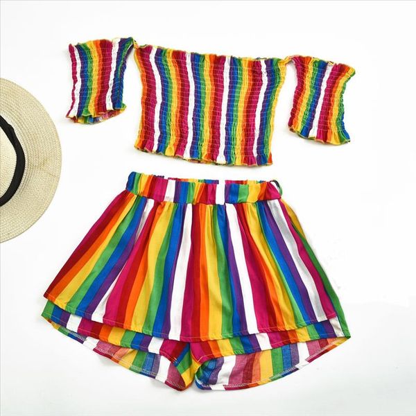 

women rain bow women sets clothes office striped print summer suit for women sleeveless shorts two piece outfit p30, Gray