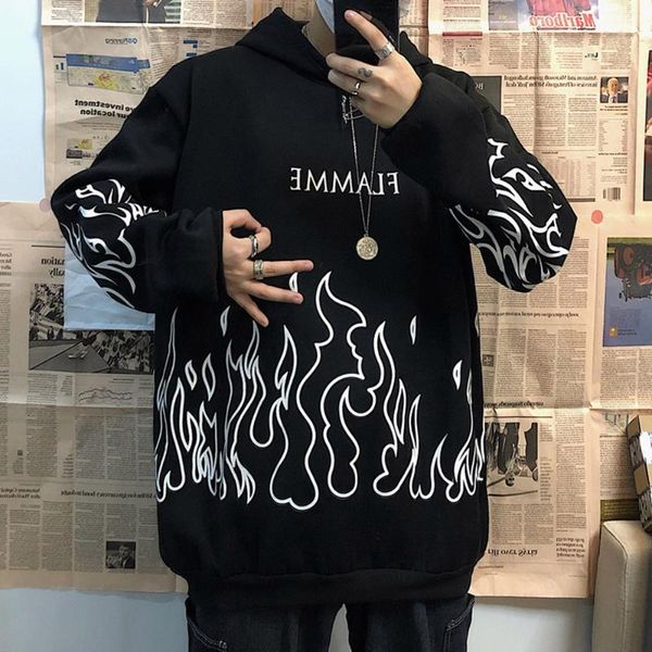 

rosetic flame print men hoodies winter thick hooded hoodies mens harajuku letter gothic pullovers casual couple sweatshirt, Black