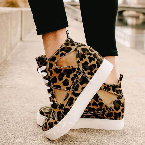 

women leopard sneakers fretwork lace-up flat shoes ladies platform shoe female print casual fashion woman sewing 2020 high top, Black