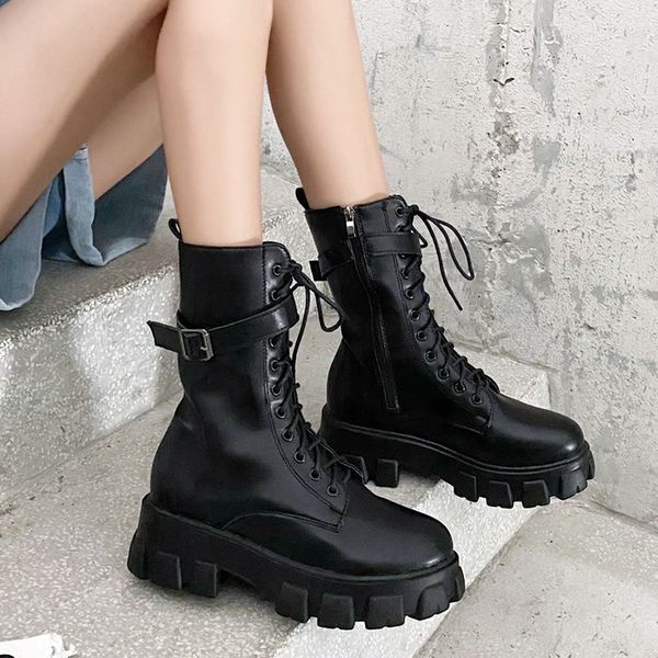 

fashion buckle chunky boots women casual lace up platform ankle boots woman waterproof pu leather punk botas mujer 2020, Black