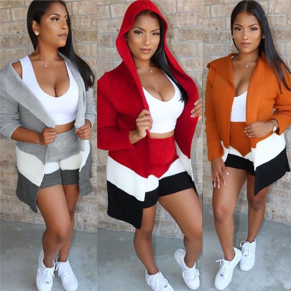 

contrast color cardigan shorts fashion hooded womens 3pcs sets striped panelled tracksuits womens clothing sports casual, Gray
