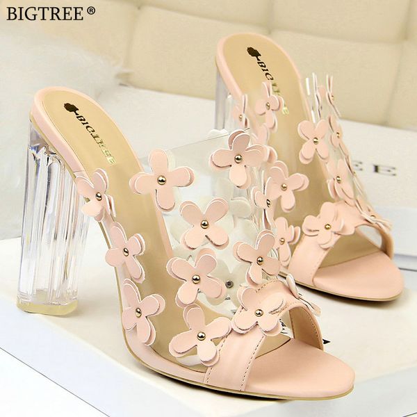 

bigtree women sandals summer fashion slippers female high heels peep toe transparent crystal heels flower pvc slipper sweet 2020, Black