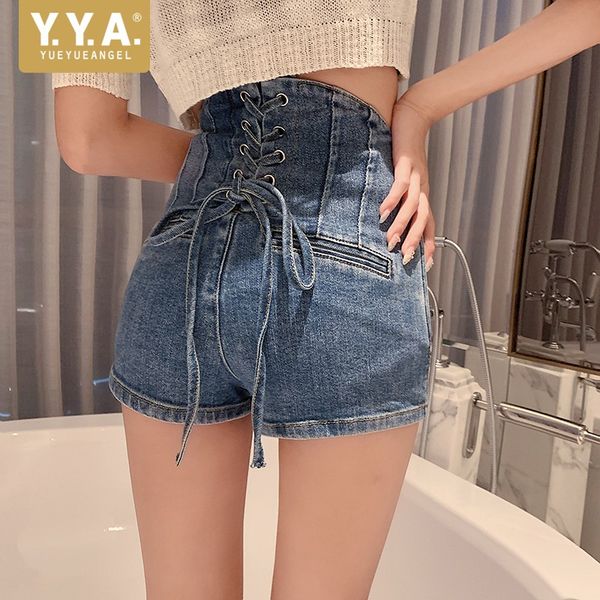 

women's jeans women wrap night club party short slim fit ladies fashion lace up denim shorts casual high waist trousers, Blue