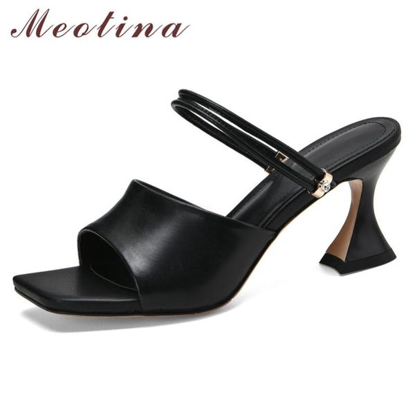 

meotina women slippers natural genuine leather high heel slides square toe strange style shoes ladies summer sandals black white