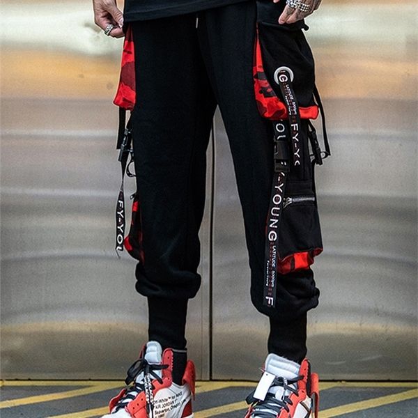 

streetwear 2020 new men hiphop punk jogger sport harem pants cargo pocket black ribbon