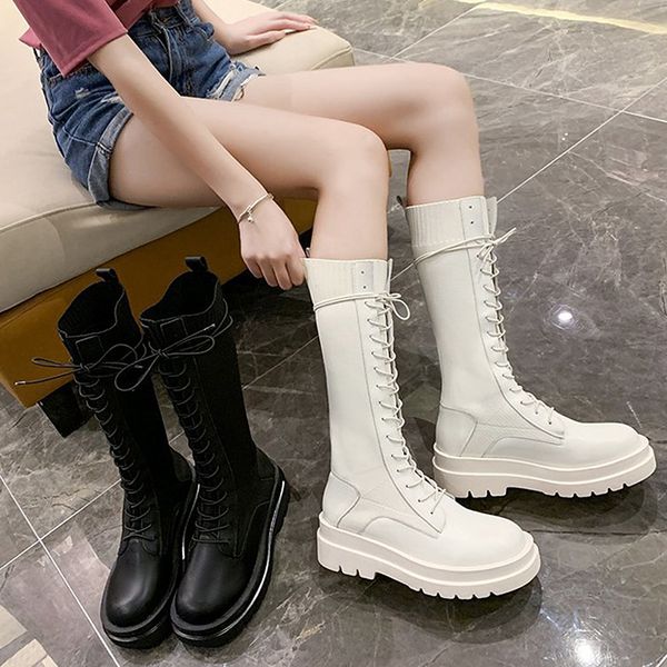 

woman long boots fashion lace-up platform knee-high boots elastic fabric breathable gothic autumn high sock women shoes, Black
