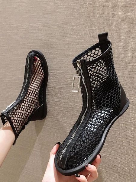 

women's shoes sandals 2020 new summer fashion hollow short boots front zipper mesh boots, Black