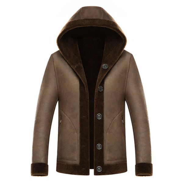 

winter suede jacket men hooded wool coat fashion fleece double sided blends overcoat men's &, Black