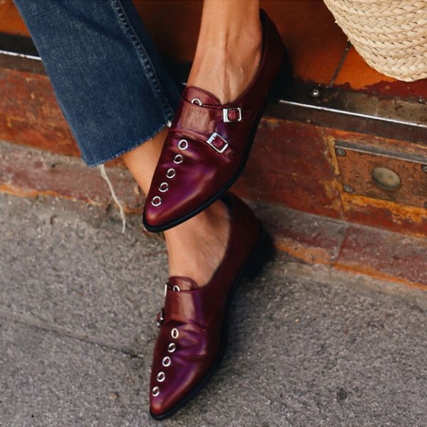 

shoes women pu leather rivet pointed toe pumps ladies vintage low heels buckle strap punk ankle boots zapatos mujer, Black