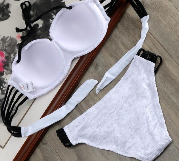 

2019 lace push up swimsuit solid bikini set cut out swimwear bandeau bikinis women swimming wired bra bathing suit e610 mx200613, White;black