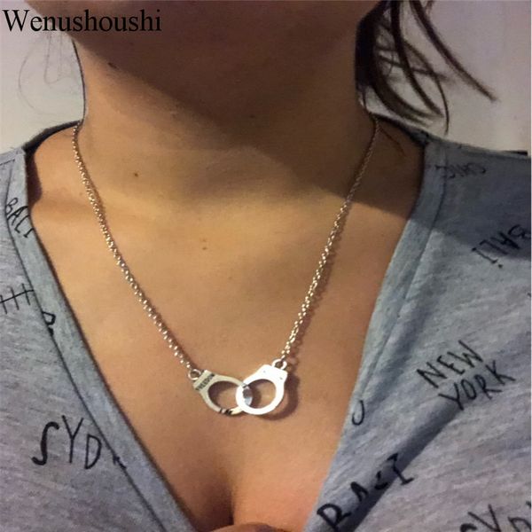 

vintage creative punk letter om small handcuffs necklaces for women short chain handcuff collares collier femme harajuku, Silver