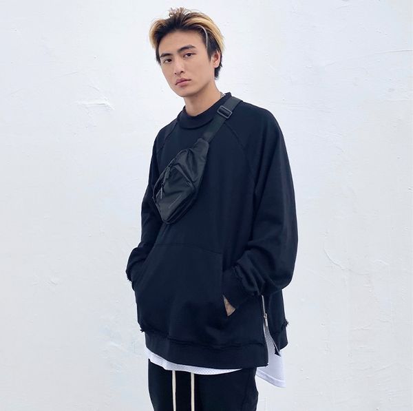 

guochao original small high neck side zipper sweater high street deconstruction round neck god gray ins wind loose male, Black