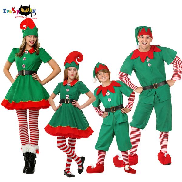

green christmas elf costumes santa claus cosplay family matching clothes kids carnival dress girls new year outfit hat, White