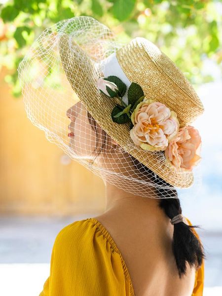 

handmade flower mesh straw hats for women elegant party beach sun hats fashion cap, Blue;gray