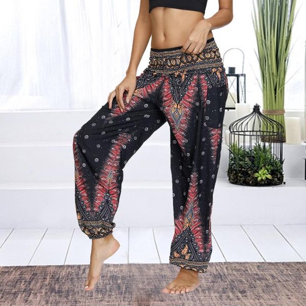

women's loose yoga pants boho print high waist casual trousers sweatpants women summer beach plus size baggy aladdin harem pants, White;red