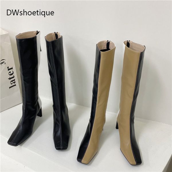 

winter mix color women knee boots zipper square toe high heel women long boots, Black