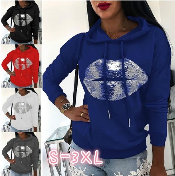 

губы pattern толстовки женщины конструктора сыпучего капюшон одежда high street осень с длинным рукавом пуловер из флиса женщина толстовка, Black
