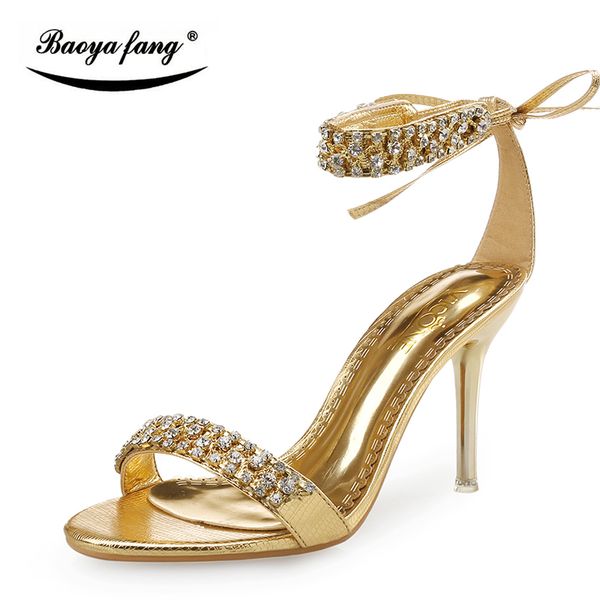 

golden fashion summer women's sandals 9cm thin high heels party sandals bridal wedding shoe crystal ankle strap ladies high shoe, Black