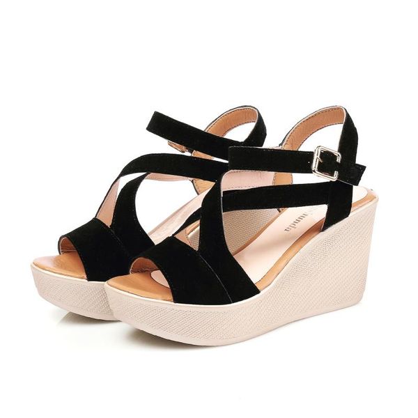 

peep toe rome shallow platform wedges women sandals basic solid women shoes high buckle strap casual summer mature sandals, Black