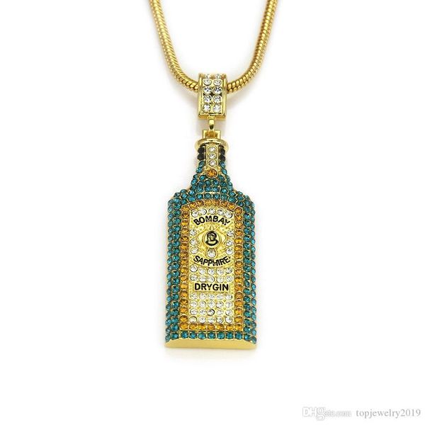 

luxury designer jewelry men necklace hip hop bottle pendant necklaces Gold plated with blue diamond occident punk style fashion jewelry