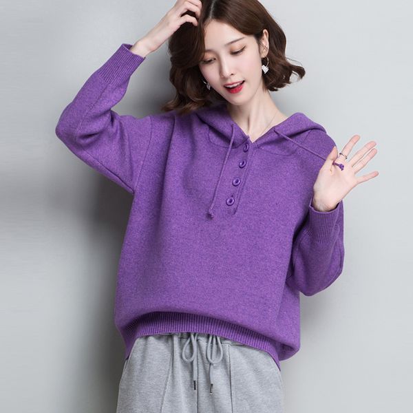 

autumn and winter new fashion knitted pullovers casual large size l-5xl hooded sweater purple long sleeve loose women, White;black